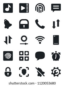 Set of vector isolated black icon - phone back vector, call, message, alarm, bell, data exchange, wireless, mute, brightness, lock, face id, fingerprint, music, video, application, root setup