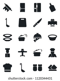 Set of vector isolated black icon - fridge vector, cook, restaurant table, hat, plates, waiter, salt and pepper, ladle, bowl, rolling pin, cutting board, knife, steaming pan, serviette