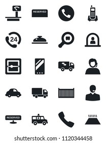 Set of vector isolated black icon - phone vector, reception, ambulance car, office, 24 hours, support, cargo container, delivery, heavy scales, search, mobile, call, scanner, moving, reserved