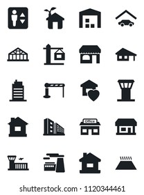 Set of vector isolated black icon - airport tower vector, barrier, elevator, shop, building, factory, house, greenhouse, store, with garage, warehouse, office, sweet home, city, crane, eco