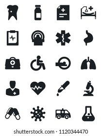 Set of vector isolated black icon - disabled vector, heart pulse, doctor case, diagnosis, dropper, microscope, pills, ampoule, tomography, ambulance star, car, hospital bed, stomach, lungs, caries
