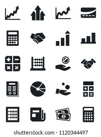 Set of vector isolated black icon - growth statistic vector, calculator, cash, news, bar graph, pie, abacus, handshake, contract, credit card, arrow up, investment