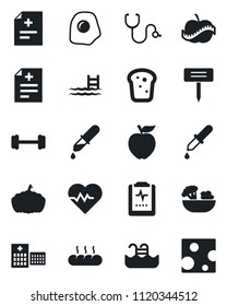 Set of vector isolated black icon - plant label vector, pumpkin, heart pulse, diagnosis, stethoscope, dropper, barbell, clipboard, diet, hospital, pool, salad, bread, omelette, apple fruit, cheese
