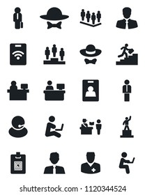 Set of vector isolated black icon - passport control vector, manager, pedestal, team, place, doctor, support, client, identity card, career ladder, estate agent, dress code, pass, man with notebook