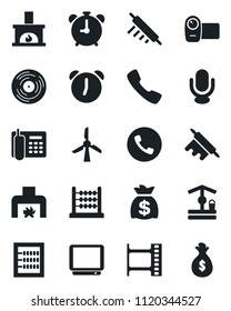 Set of vector isolated black icon - alarm clock vector, phone, money bag, well, film frame, vinyl, tv, video camera, microphone, call, abacus, office, fireplace, rolling pin, windmill