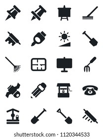 Set of vector isolated black icon - presentation board vector, drawing pin, job, garden fork, shovel, rake, well, satellite, hdmi, brightness, pencil, plan, phone, rolling