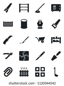 Set of vector isolated black icon - safe vector, trowel, wheelbarrow, pruner, saw, hoe, garden knife, scalpel, cargo container, oil barrel, rack, application, paper clip, ink pen, heater, ladle
