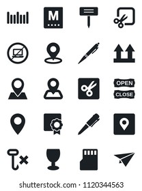 Set of vector isolated black icon - no laptop vector, pen, plant label, navigation, pin, fragile, up side sign, hook, barcode, sd, cut, place tag, sertificate, menu, open close, paper plane