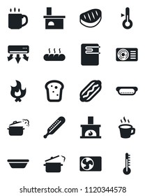 Set of vector isolated black icon - fire vector, fireplace, thermometer, coffee, air conditioner, bread, steak, hot dog, bowl, steaming pan, water heater