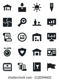 Set of vector isolated black icon - no laptop vector, contract, statistic monitor, plant label, heart diagnostic, shield, medical calendar, warehouse, package, application, alcohol, wine card, flag
