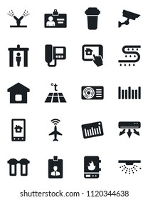 Set of vector isolated black icon - plane radar vector, security gate, identity card, drip irrigation, barcode, air conditioner, smart home, water heater, intercome, control app, filter, warm floor