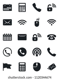 Set of vector isolated black icon - phone vector, mouse, calendar, call, wireless, calculator, mail, lock, flag