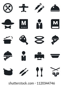 Set of vector isolated black icon - spoon and fork vector, waiter, dish, restaurant table, cafe, menu, plates, dress code, chicken, kebab, ham, bowl, steaming pan, sushi