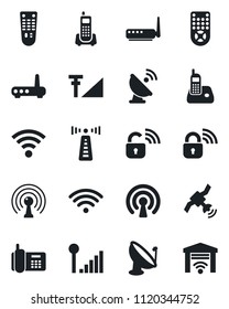 Set of vector isolated black icon - antenna vector, office phone, satellite, remote control, radio, wireless, cellular signal, lock, router, garage gate