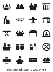 Set of vector isolated black icon - baby room vector, reception, flight table, desk, manager place, picnic, meeting, restaurant, cafe, reserved, salt and pepper, serviette