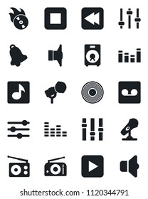 Set of vector isolated black icon - vinyl vector, flame disk, microphone, radio, speaker, settings, equalizer, play button, stop, rewind, tuning, bell, record, music, sound