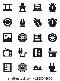 Set of vector isolated black icon - elevator vector, alarm clock, abacus, stamp, fireplace, film frame, vinyl, flame disk, gallery, ink pen, house with tree, tv, power plug