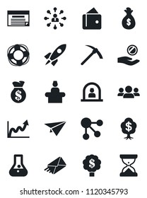Set of vector isolated black icon - reception vector, hierarchy, group, rocket, wallet, money bag, growth graph, investment, flask, paper plane, schedule, social media, crisis management, mail, tree