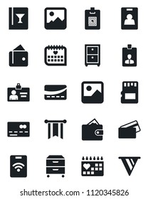 Set of vector isolated black icon - credit card vector, identity, medical calendar, gallery, sd, archive box, wine, pass, wallet, pennon