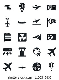Set of vector isolated black icon - plane vector, airport tower, radar, departure, wind, helicopter, seat map, globe, air conditioner, fan, paper, balloon