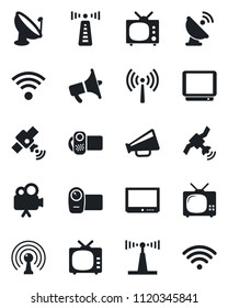 Set of vector isolated black icon - antenna vector, satellite, loudspeaker, tv, video camera, wireless
