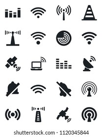 Set of vector isolated black icon - antenna vector, wireless notebook, border cone, radar, satellite, equalizer, mute