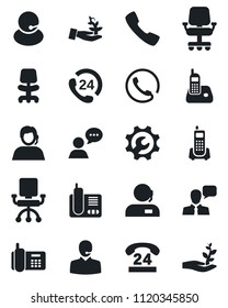 Set of vector isolated black icon - office chair vector, phone, 24 hours, support, speaker, radio, call, root setup, palm sproute