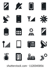 Set of vector isolated black icon - mobile phone vector, virus, satellite antenna, low battery, back, sim, mute, cellular signal, office, sun panel