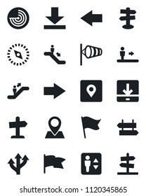 Set of vector isolated black icon - elevator vector, escalator, signpost, right arrow, left, wind, radar, route, pin, download, place tag, compass, flag, guidepost