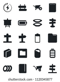 Set of vector isolated black icon - signpost vector, notepad, presentation board, wheelbarrow, battery, folder, charge, blank box, plates, guidepost
