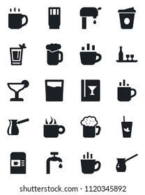 Set of vector isolated black icon - hot cup vector, coffee machine, water supply, alcohol, wine card, drink, cocktail, phyto bar, beer, turkish