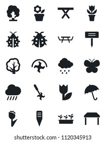 Set of vector isolated black icon - umbrella vector, flower in pot, ripper, tree, butterfly, lady bug, seedling, rain, plant label, picnic table, tulip