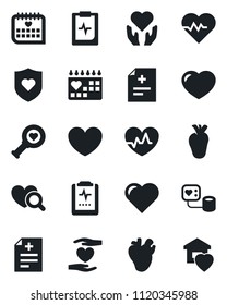 Set of vector isolated black icon - heart vector, pulse, diagnosis, blood pressure, diagnostic, shield, hand, real, medical calendar, clipboard, sweet home