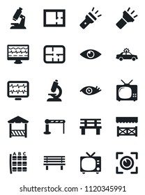 Set of vector isolated black icon - barrier vector, tv, alarm car, seat map, bench, monitor pulse, microscope, eye, torch, plan, alcove, scan