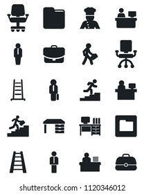 Set of vector isolated black icon - manager vector, desk, place, ladder, folder, career, cook, office chair, case