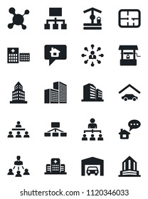 Set of vector isolated black icon - hierarchy vector, well, molecule, hospital, office building, garage, plan, home message