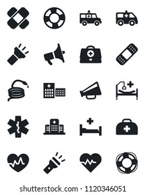 Set of vector isolated black icon - hose vector, heart pulse, doctor case, patch, ambulance star, car, hospital bed, loudspeaker, torch, crisis management