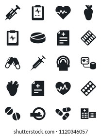 Set of vector isolated black icon - heart pulse vector, diagnosis, syringe, blood pressure, pills, blister, tomography, real, clipboard, hospital