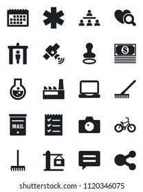 Set of vector isolated black icon - security gate vector, stamp, camera, rake, heart diagnostic, ambulance star, bike, satellite, laptop pc, message, calendar, checklist, hierarchy, mailbox, crane