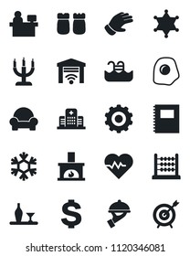 Set of vector isolated black icon - gear vector, dollar sign, manager place, glove, heart pulse, hospital, copybook, abacus, pool, cushioned furniture, fireplace, alcohol, waiter, salt and pepper