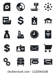 Set of vector isolated black icon - mail vector, identity card, hierarchy, dollar sign, money bag, circle chart, clock, heavy scales, radio phone, news, document search, archive box, warehouse, gear