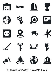 Set of vector isolated black icon - plane vector, office building, rake, wheelbarrow, water drop, earth, fragile, tulip, route, gallery, place tag, warehouse, estate search, socket, gear, windmill