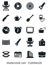 Set of vector isolated black icon - office building vector, shovel, watering can, saw, garden knife, dropper, term, container, vinyl, tv, alarm, pie graph, plates, steaming pan, wallet, chair, case