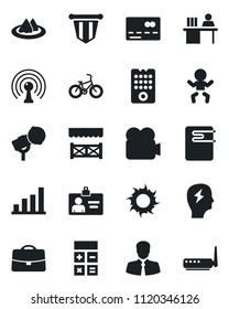 Set of vector isolated black icon - credit card vector, baby, identity, calculator, pennant, brainstorm, sun, bike, client, microphone, antenna, video camera, case, bar graph, manager desk, alcove