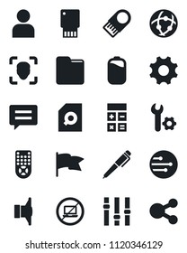 Set Of Vector Isolated Black Icon - No Laptop Vector, Calculator, Speaker, Settings, Remote Control, Message, User, Network, Folder, Face Id, Battery, Root Setup, Document Search, Pen, Usb Flash