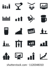 Set of vector isolated black icon - security gate vector, growth statistic, monitor, barcode, equalizer, statistics, bar graph, alcohol, drink, cocktail, beer, sushi, arrow up