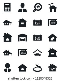 Set of vector isolated black icon - house vector, pond, contract, with garage, sale, rent, sold signboard, estate search, agent, smart home, eco