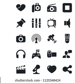 Set of vector isolated black icon - clapboard vector, camera, microphone, radio, antenna, satellite, speaker, tv, gamepad, settings, video, remote control, headphones, heart, paper pin, stop button