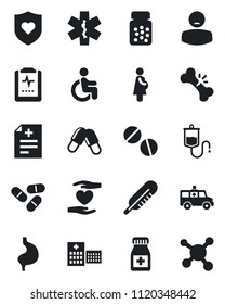 Set of vector isolated black icon - diagnosis vector, dropper, thermometer, pills, bottle, ambulance star, car, heart shield, disabled, hand, stomach, broken bone, pulse clipboard, hospital, patient