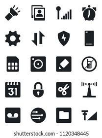 Set of vector isolated black icon - no mobile vector, antenna, phone back, camera, protect, settings, alarm, record, sim, network, folder, calendar, notes, data exchange, torch, cut, lock